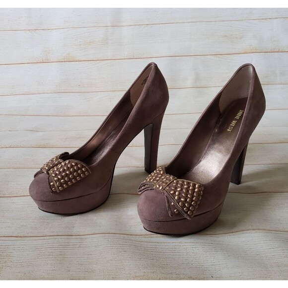 Nine West Memorie Suede Leather Round Toe Bow Platform Heels Pink Size 7 1/2M - Picture 3 of 16